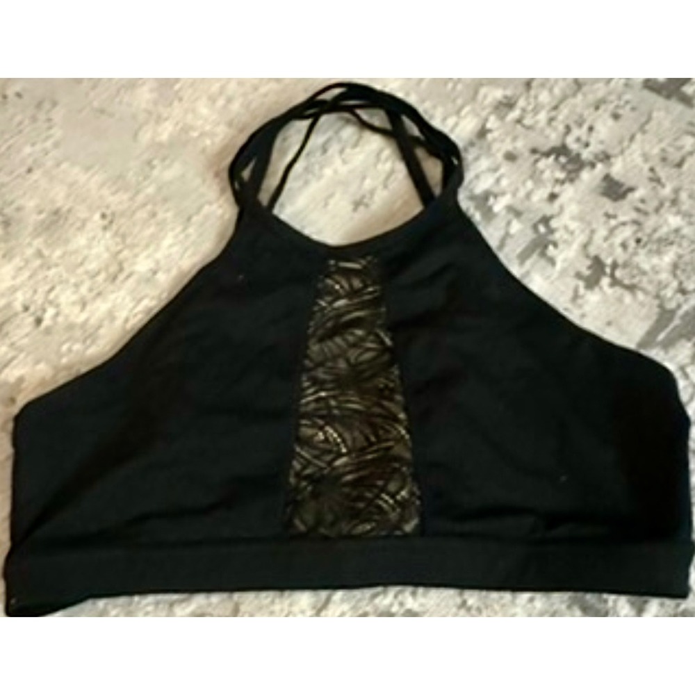 B FIT Beach Bunny Black Lace Panel High Neck Sports Bra Top Large New w/out tags